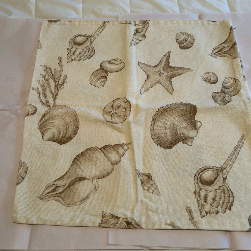 Pottery Barn Cream and Brown Fabric with Seashell Design/Two Pillow Covers Set